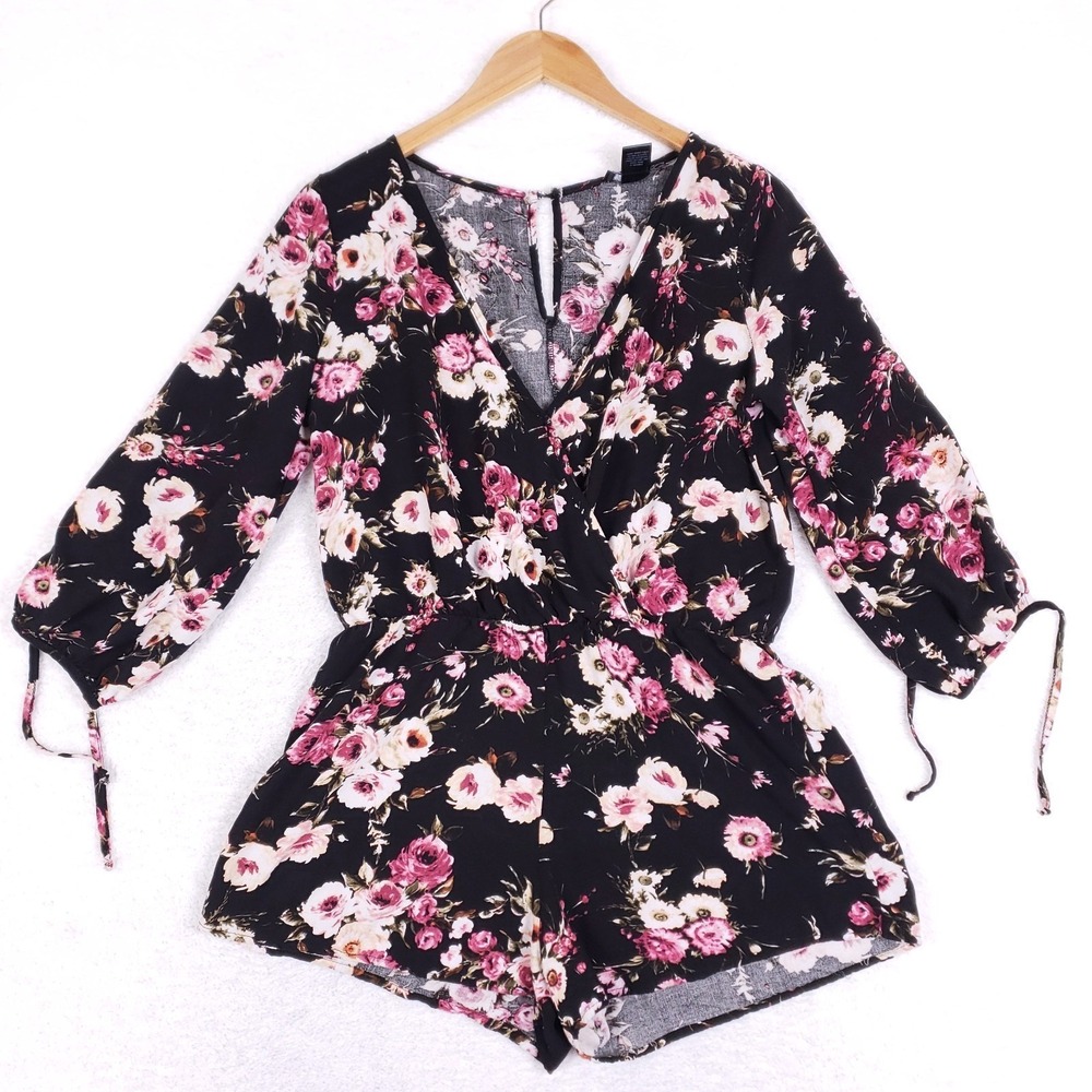 See You Monday Romper XL Floral Wrap Front Long Sleeve Black Boho Festival